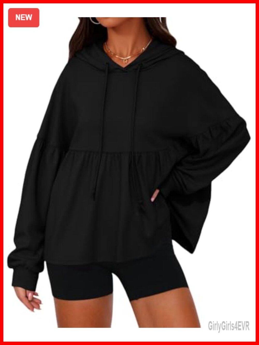 Oversized Hoodie Sweatshirt Lantern Sleeve Drawstring Peplum Pullover Top